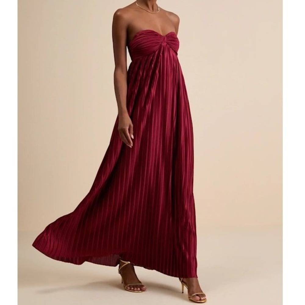 Lulus Whimsical Beauty Wine Red Satin Plisse Strapless Maxi Evening Dress L NWT